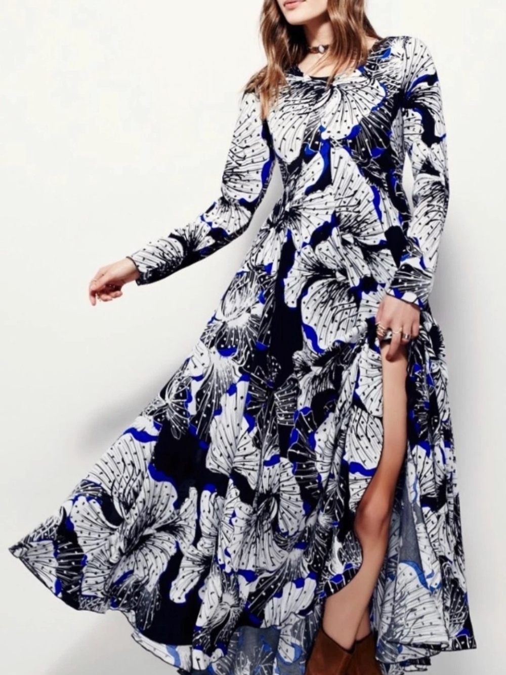 Free People Black, White & Blue Floral Maxi Dress